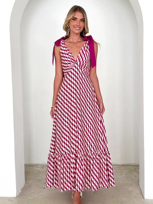 Lace-up women's long dress V-neck sleeveless printed dress-[Adult]-[Female]-Red-S-2022 Online Blue Zone Planet