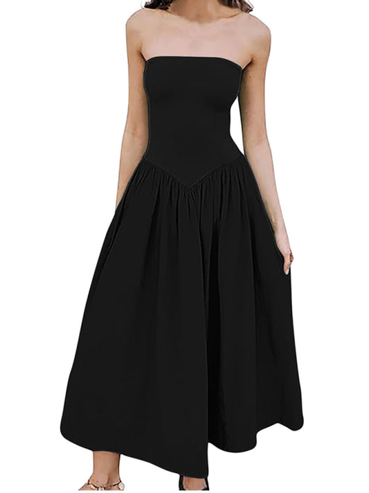 Solid Color Tube Top Elegant Waist Pleated Pocket Long Dress-[Adult]-[Female]-Black-S-2022 Online Blue Zone Planet