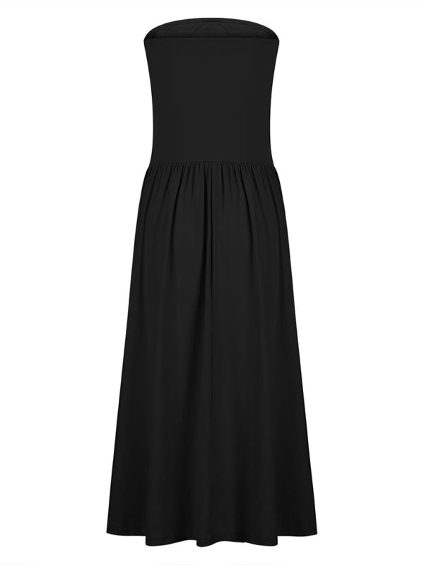 Solid Color Tube Top Elegant Waist Pleated Pocket Long Dress-[Adult]-[Female]-2022 Online Blue Zone Planet