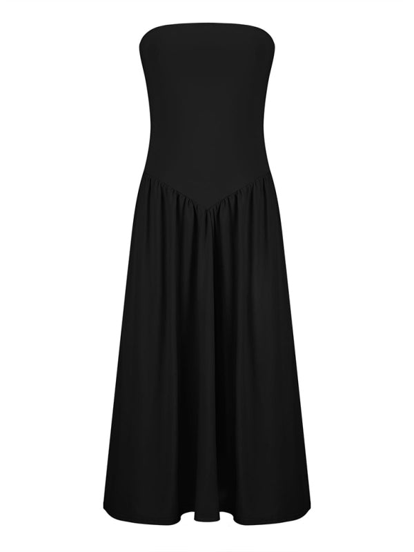 Solid Color Tube Top Elegant Waist Pleated Pocket Long Dress-[Adult]-[Female]-2022 Online Blue Zone Planet