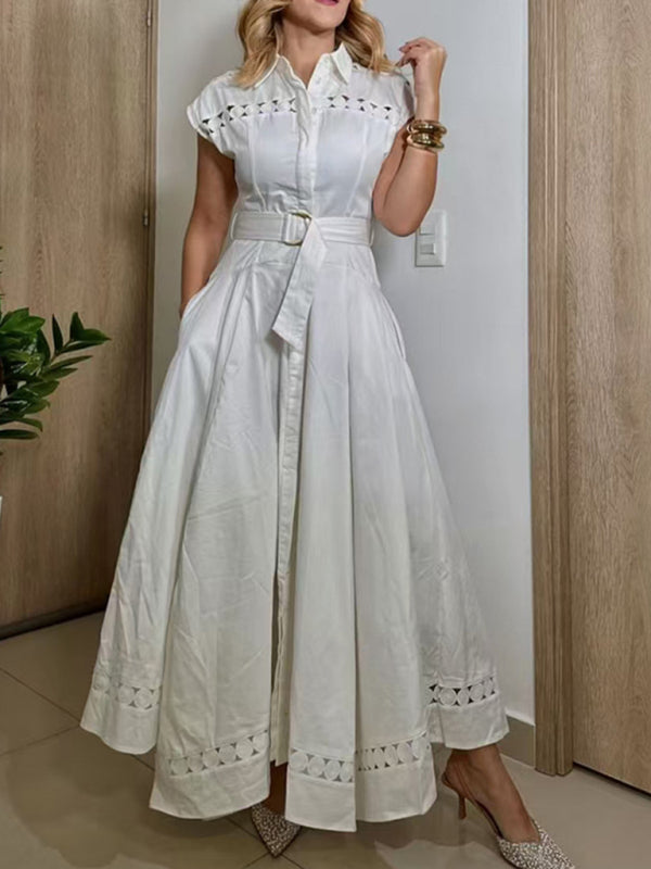 V-neck hollow lace-up slim lapel shirt dress-[Adult]-[Female]-White-S-2022 Online Blue Zone Planet
