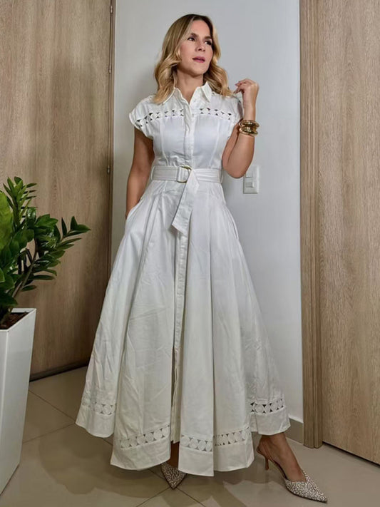 V-neck hollow lace-up slim lapel shirt dress-[Adult]-[Female]-2022 Online Blue Zone Planet