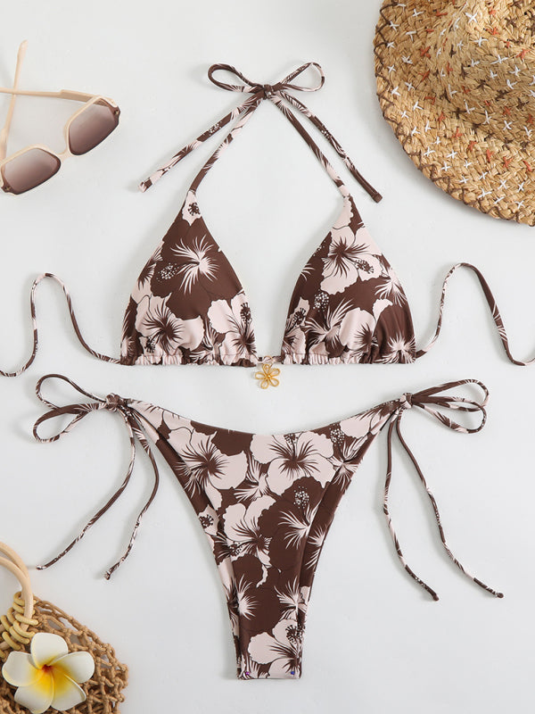 Floral print halterneck bikini-[Adult]-[Female]-Coffee-S-2022 Online Blue Zone Planet