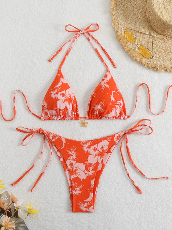 Floral print halterneck bikini-[Adult]-[Female]-Orange-S-2022 Online Blue Zone Planet