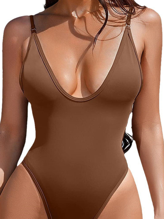 Simple Women's One-Piece Swimsuit-[Adult]-[Female]-Brown-S-2022 Online Blue Zone Planet