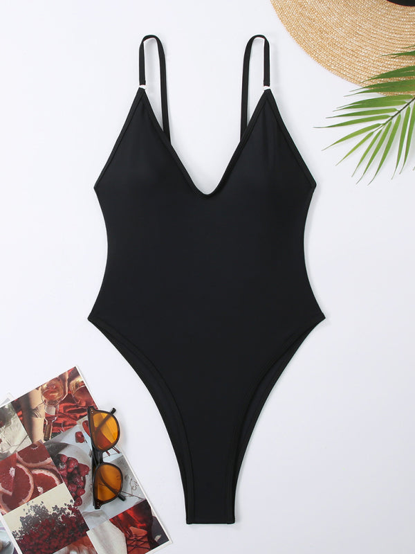Simple Women's One-Piece Swimsuit-[Adult]-[Female]-Black-S-2022 Online Blue Zone Planet