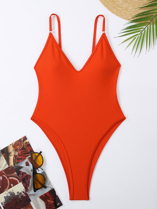 Simple Women's One-Piece Swimsuit-[Adult]-[Female]-Orange Red-S-2022 Online Blue Zone Planet