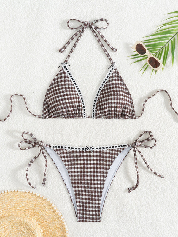 Sexy Checkerboard Lace Halter Neck Bow Bikini-[Adult]-[Female]-2022 Online Blue Zone Planet