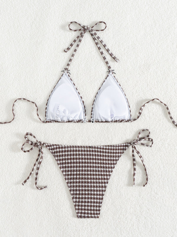 Sexy Checkerboard Lace Halter Neck Bow Bikini-[Adult]-[Female]-2022 Online Blue Zone Planet