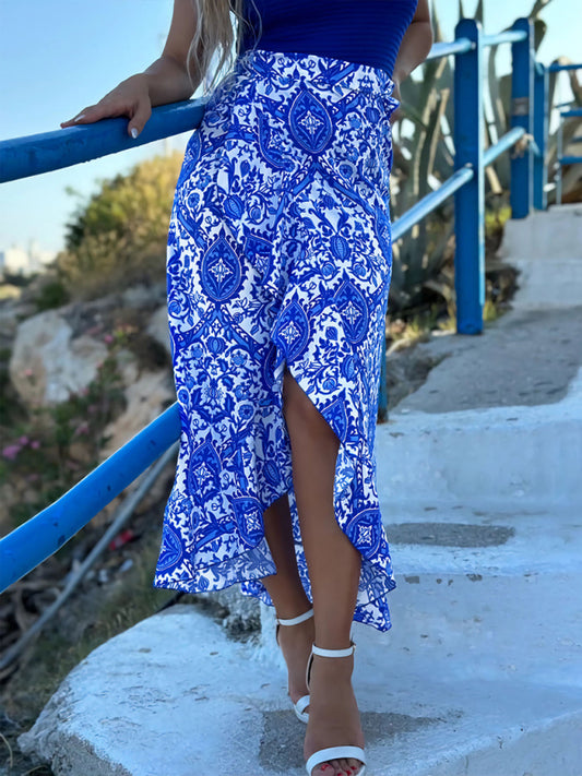 Ethnic Paisley Print Irregular Skirt-[Adult]-[Female]-Blue-S-2022 Online Blue Zone Planet
