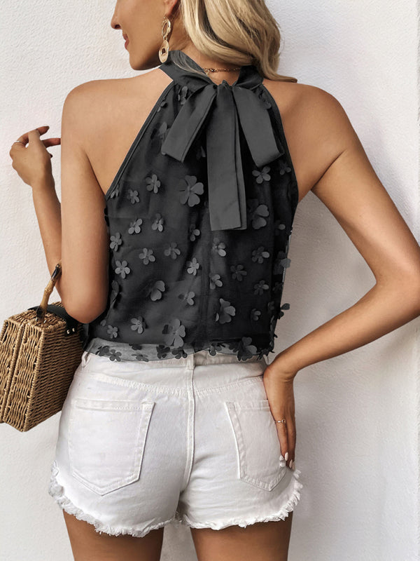 Solid Color Half Turtleneck Halterneck Sleeveless Top With Appliques-[Adult]-[Female]-2022 Online Blue Zone Planet