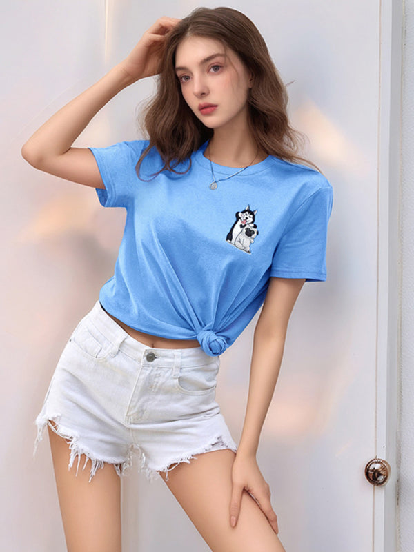 Loose Round Neck Cute Dog Cartoon Print T-Shirt-[Adult]-[Female]-Blue-S-2022 Online Blue Zone Planet