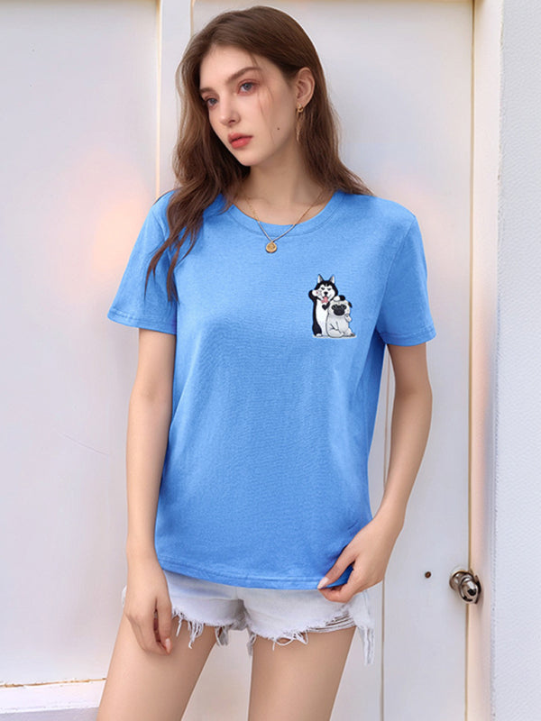 Loose Round Neck Cute Dog Cartoon Print T-Shirt-[Adult]-[Female]-2022 Online Blue Zone Planet