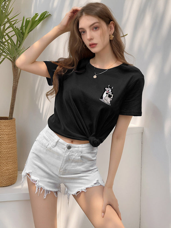 Loose Round Neck Cute Dog Cartoon Print T-Shirt-[Adult]-[Female]-Black-S-2022 Online Blue Zone Planet