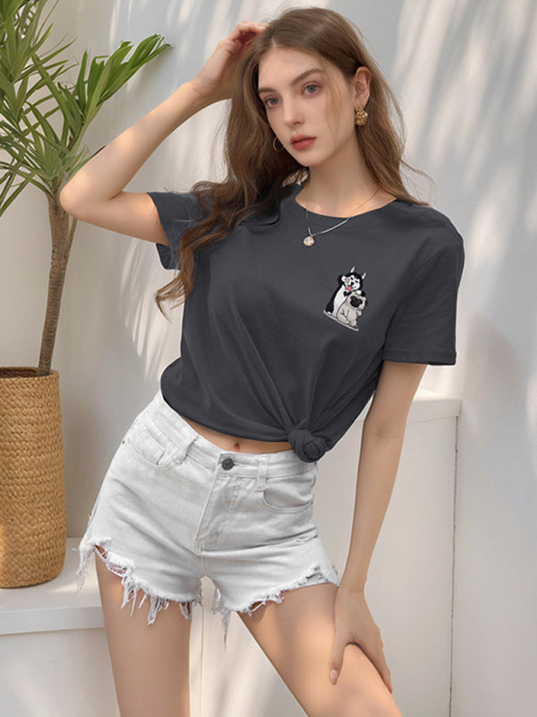 Loose Round Neck Cute Dog Cartoon Print T-Shirt-[Adult]-[Female]-Grey-S-2022 Online Blue Zone Planet