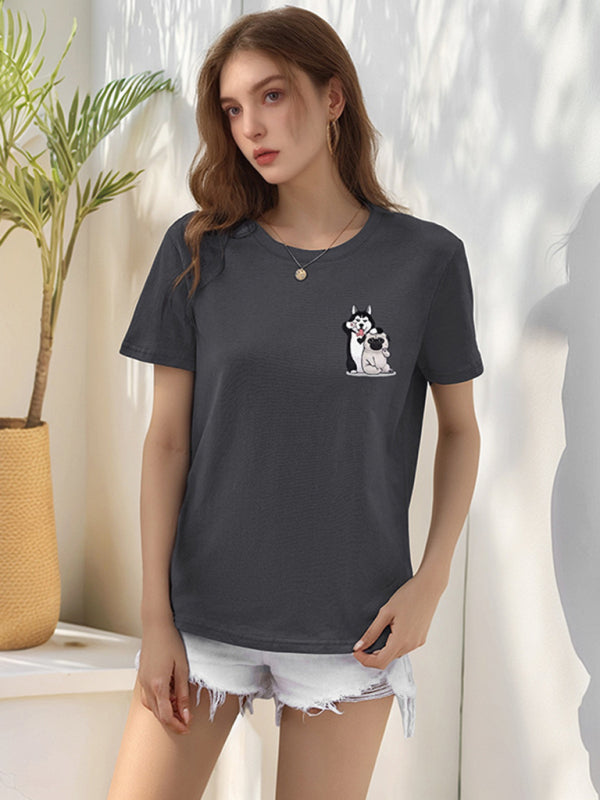 Loose Round Neck Cute Dog Cartoon Print T-Shirt-[Adult]-[Female]-2022 Online Blue Zone Planet