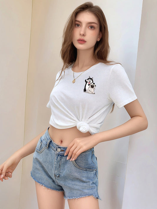 Loose Round Neck Cute Dog Cartoon Print T-Shirt-[Adult]-[Female]-White-S-2022 Online Blue Zone Planet