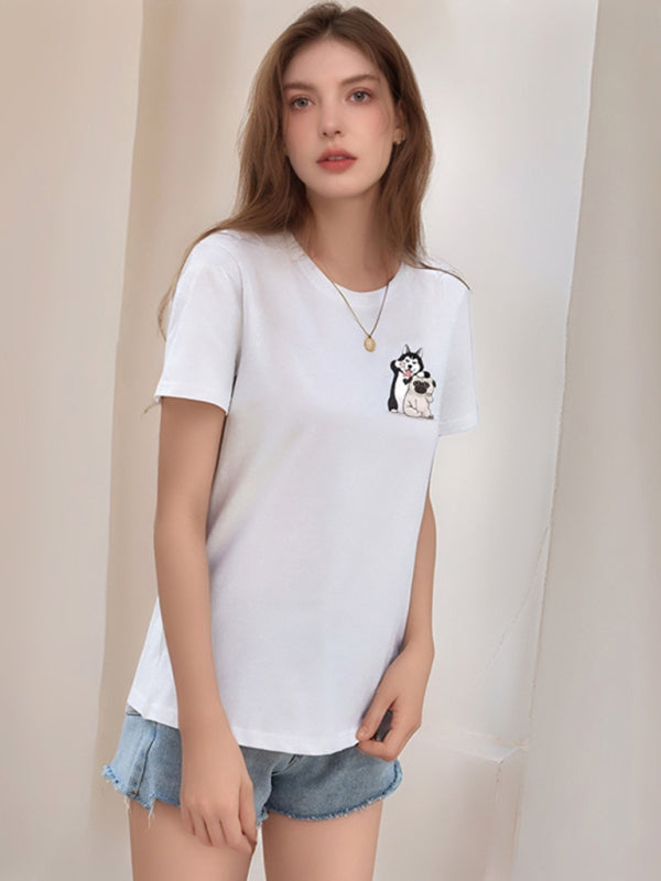 Loose Round Neck Cute Dog Cartoon Print T-Shirt-[Adult]-[Female]-2022 Online Blue Zone Planet