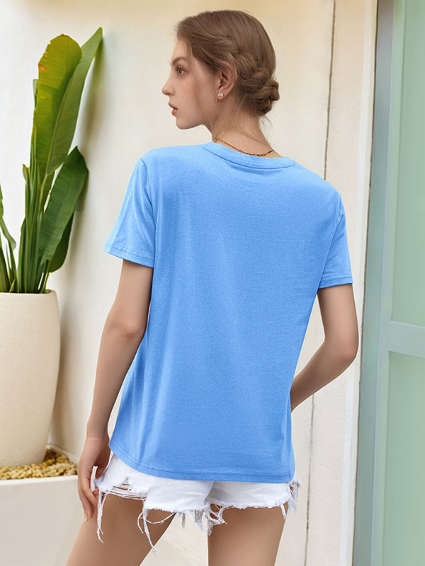 Loose Round Neck Solid Color Short Sleeve T-Shirt-[Adult]-[Female]-2022 Online Blue Zone Planet