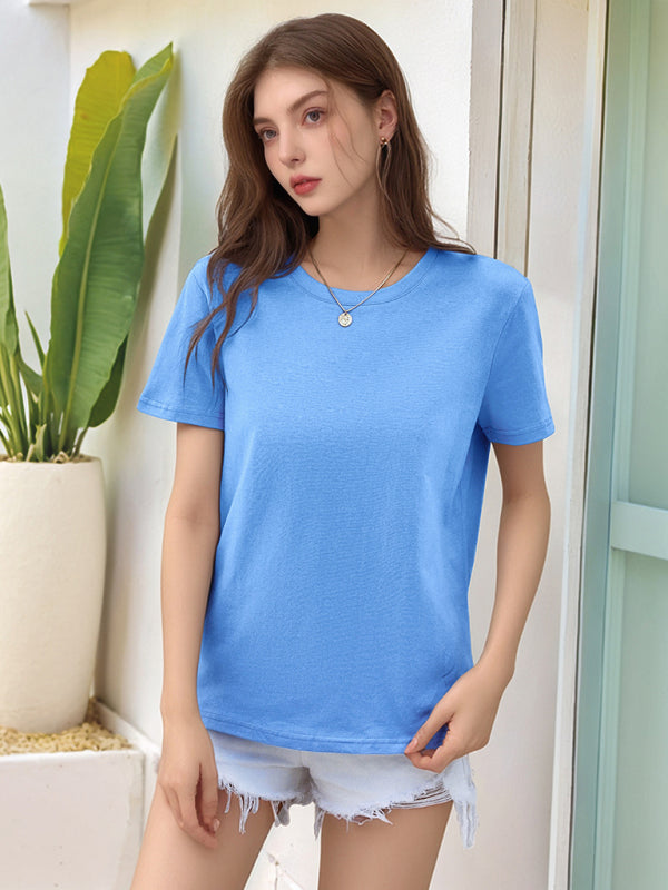 Loose Round Neck Solid Color Short Sleeve T-Shirt-[Adult]-[Female]-2022 Online Blue Zone Planet