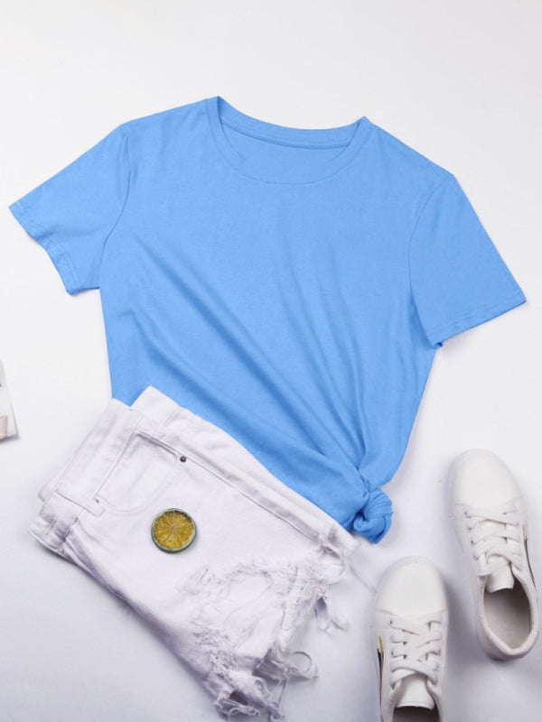 Loose Round Neck Solid Color Short Sleeve T-Shirt-[Adult]-[Female]-2022 Online Blue Zone Planet