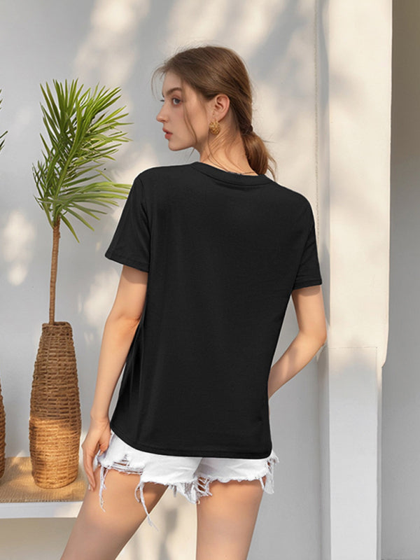 Loose Round Neck Solid Color Short Sleeve T-Shirt-[Adult]-[Female]-2022 Online Blue Zone Planet