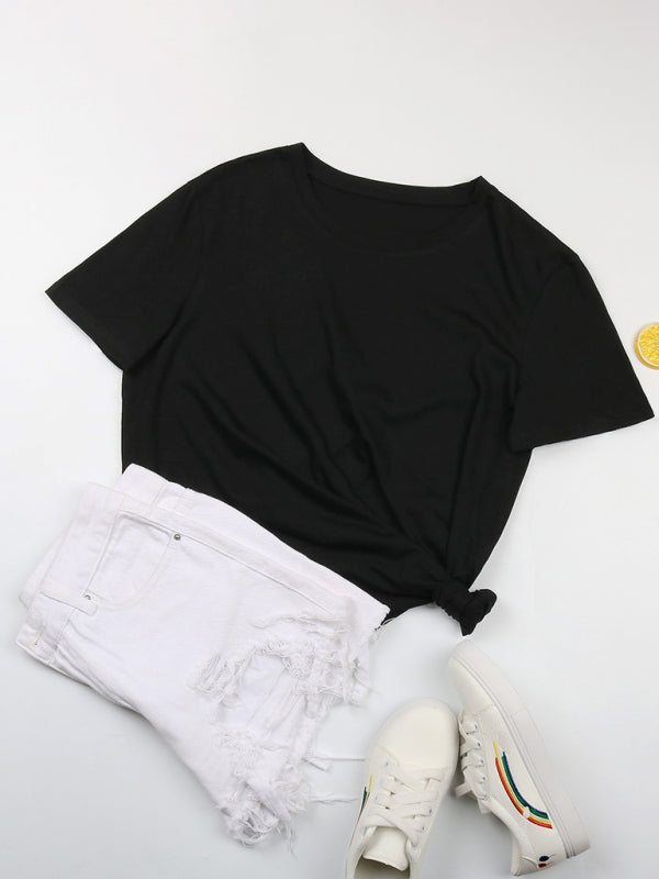 Loose Round Neck Solid Color Short Sleeve T-Shirt-[Adult]-[Female]-2022 Online Blue Zone Planet