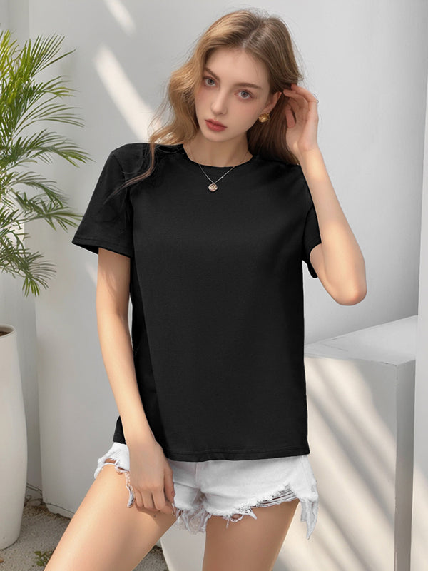 Loose Round Neck Solid Color Short Sleeve T-Shirt-[Adult]-[Female]-2022 Online Blue Zone Planet