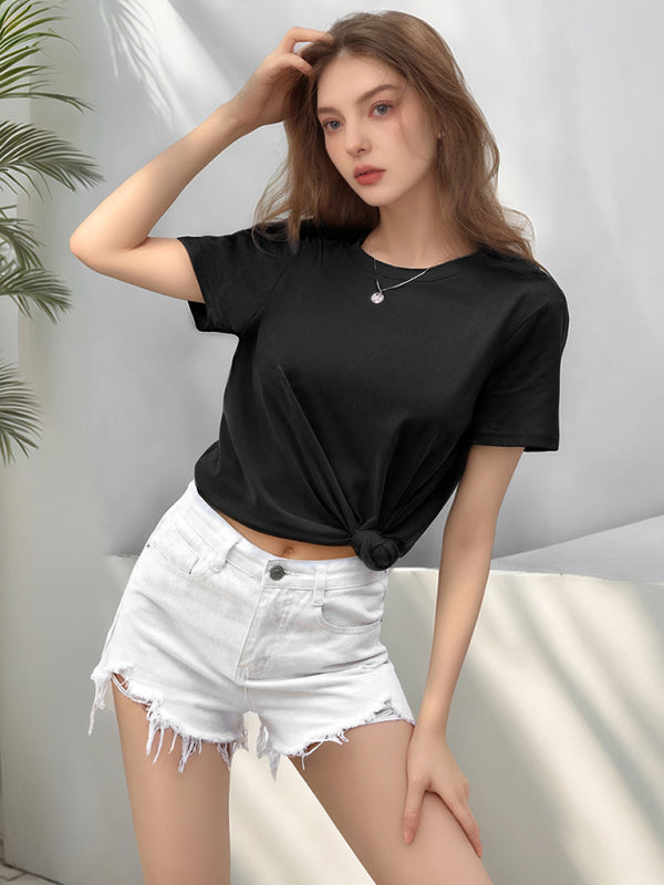 Loose Round Neck Solid Color Short Sleeve T-Shirt-[Adult]-[Female]-Black-S-2022 Online Blue Zone Planet