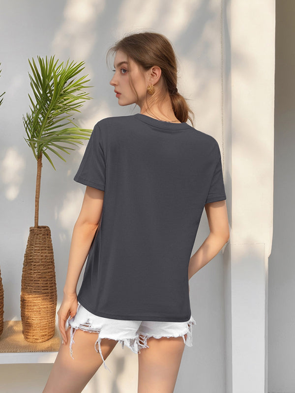 Loose Round Neck Solid Color Short Sleeve T-Shirt-[Adult]-[Female]-2022 Online Blue Zone Planet