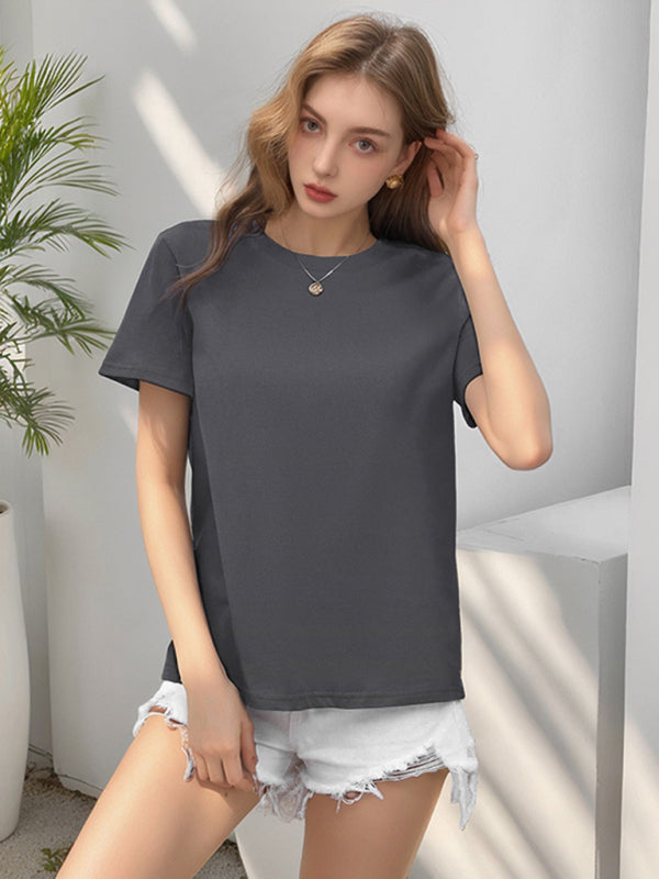 Loose Round Neck Solid Color Short Sleeve T-Shirt-[Adult]-[Female]-2022 Online Blue Zone Planet