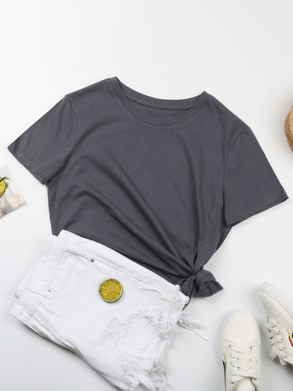 Loose Round Neck Solid Color Short Sleeve T-Shirt-[Adult]-[Female]-2022 Online Blue Zone Planet