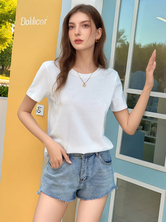 Loose Round Neck Solid Color Short Sleeve T-Shirt-[Adult]-[Female]-White-S-2022 Online Blue Zone Planet
