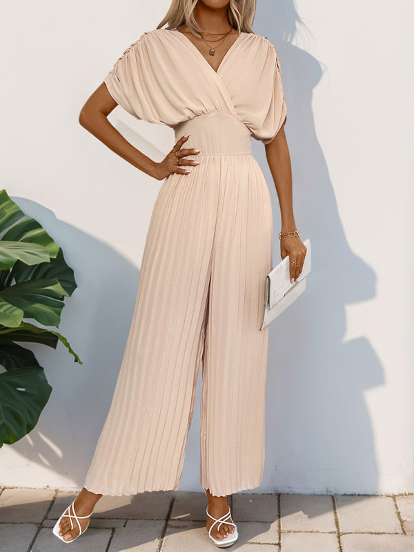 Crossover V-neck pleated wide-leg jumpsuit-[Adult]-[Female]-2022 Online Blue Zone Planet