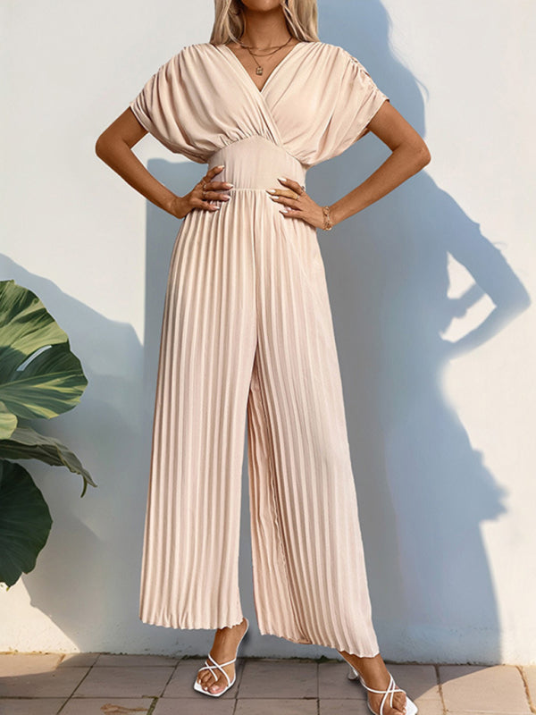 Crossover V-neck pleated wide-leg jumpsuit-[Adult]-[Female]-2022 Online Blue Zone Planet