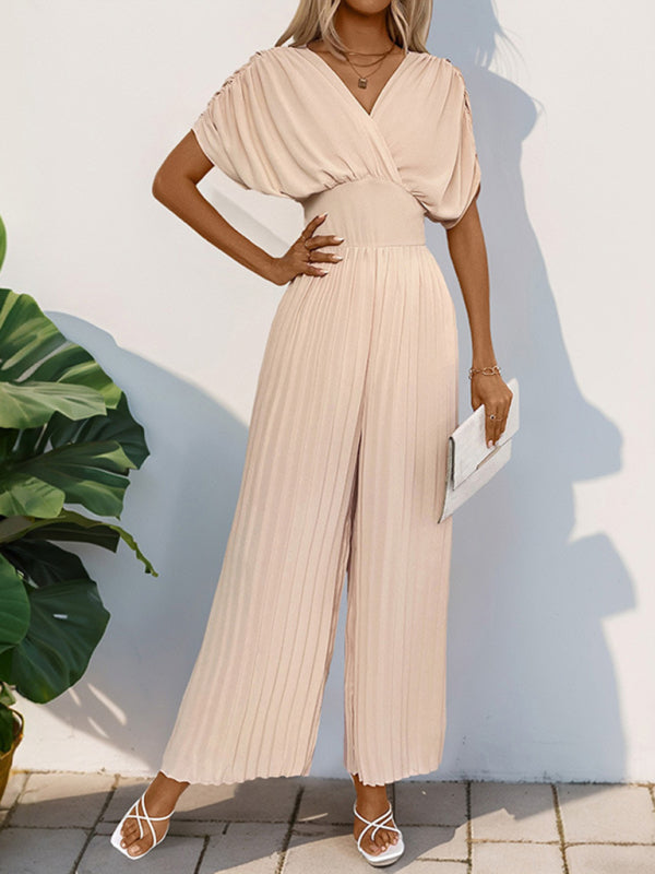 Crossover V-neck pleated wide-leg jumpsuit-[Adult]-[Female]-2022 Online Blue Zone Planet
