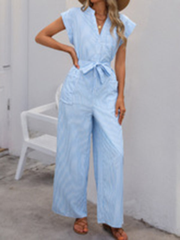 Sleeveless V-neck blue and white vertical striped jumpsuit-[Adult]-[Female]-2022 Online Blue Zone Planet