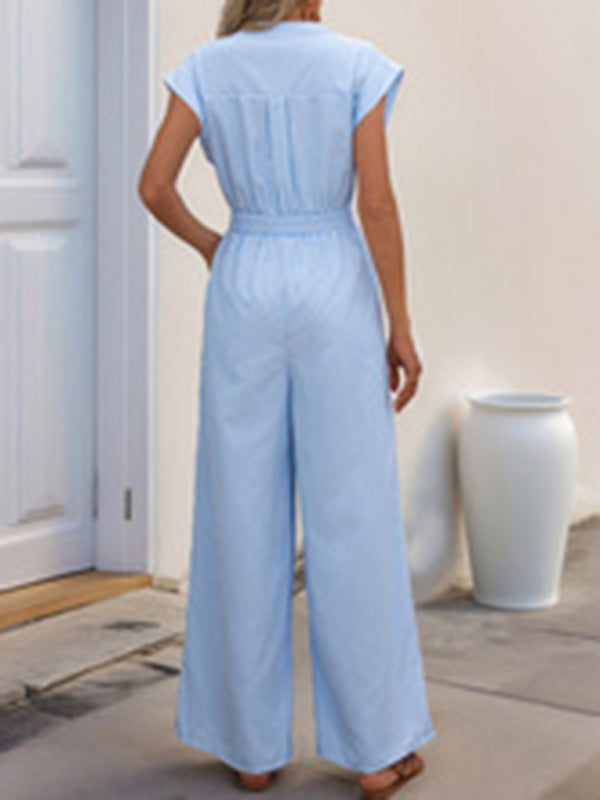 Sleeveless V-neck blue and white vertical striped jumpsuit-[Adult]-[Female]-2022 Online Blue Zone Planet