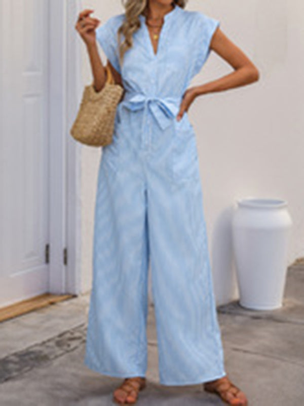 Sleeveless V-neck blue and white vertical striped jumpsuit-[Adult]-[Female]-2022 Online Blue Zone Planet