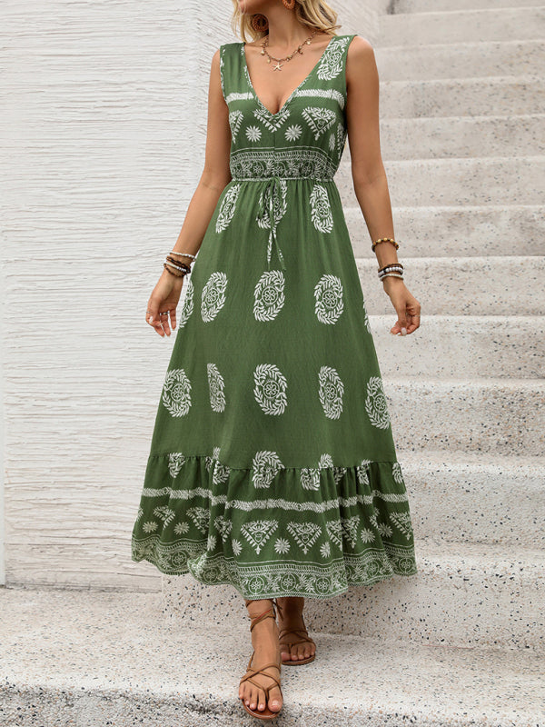 Ethnic Style Casual V-neck High Waist Maxi Dress Orange / M