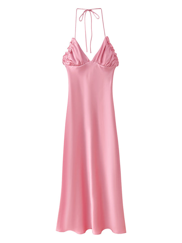 Julia's Pink Satin Midi Dress-TOPS / DRESSES-[Adult]-[Female]-Pink-S-2022 Online Blue Zone Planet