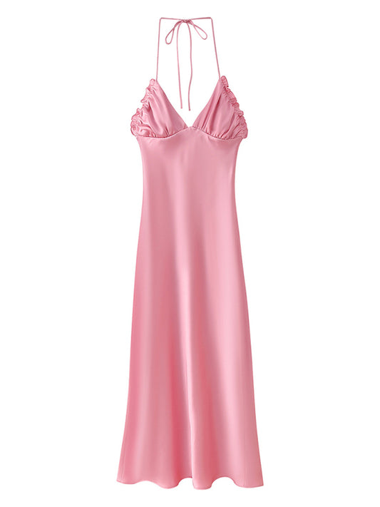 Julia's Pink Satin Midi Dress-TOPS / DRESSES-[Adult]-[Female]-Pink-S-2022 Online Blue Zone Planet