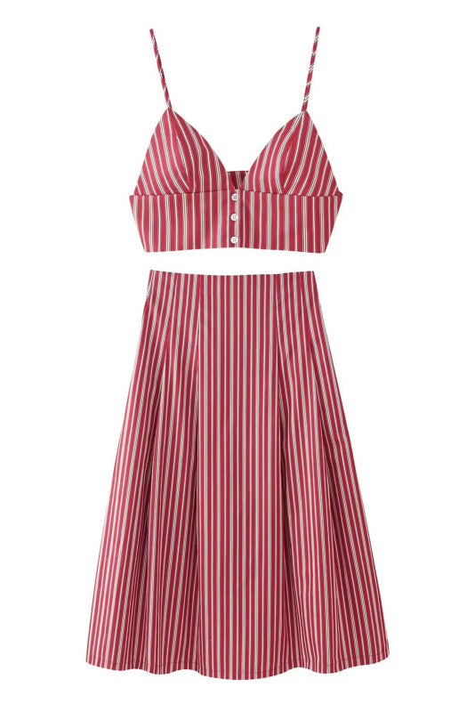 Melissa's Striped Short Top and Striped Midi Skirt Set-TOPS / DRESSES-[Adult]-[Female]-Red-XS-2022 Online Blue Zone Planet