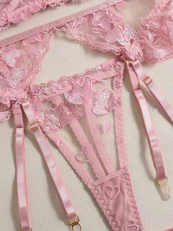 Heart-Shaped Embroidered Sexy Lingerie Four-Piece Set-[Adult]-[Female]-2022 Online Blue Zone Planet