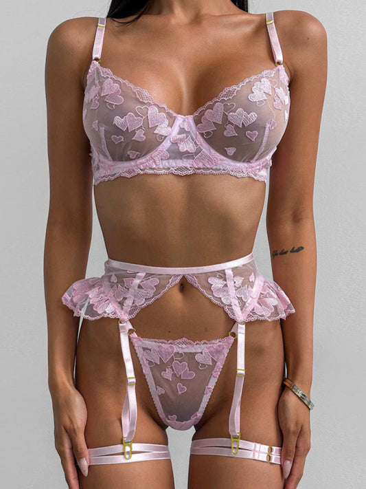 Heart-Shaped Embroidered Sexy Lingerie Four-Piece Set-[Adult]-[Female]-Pink-S-2022 Online Blue Zone Planet