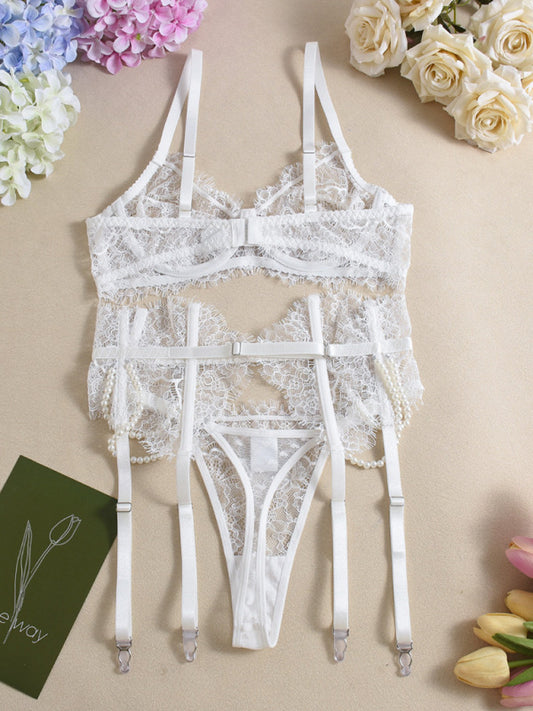 Sexy Bra Handmade Pearl Removable Fishbone Waist Eyelash Lace Bra Set-[Adult]-[Female]-White-S-2022 Online Blue Zone Planet