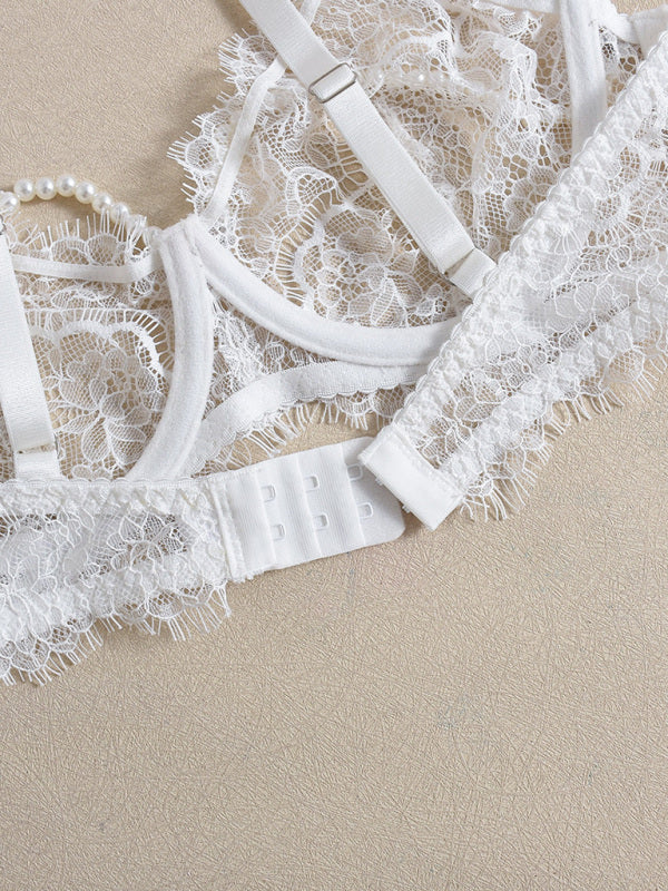 Sexy Bra Handmade Pearl Removable Fishbone Waist Eyelash Lace Bra Set-[Adult]-[Female]-2022 Online Blue Zone Planet