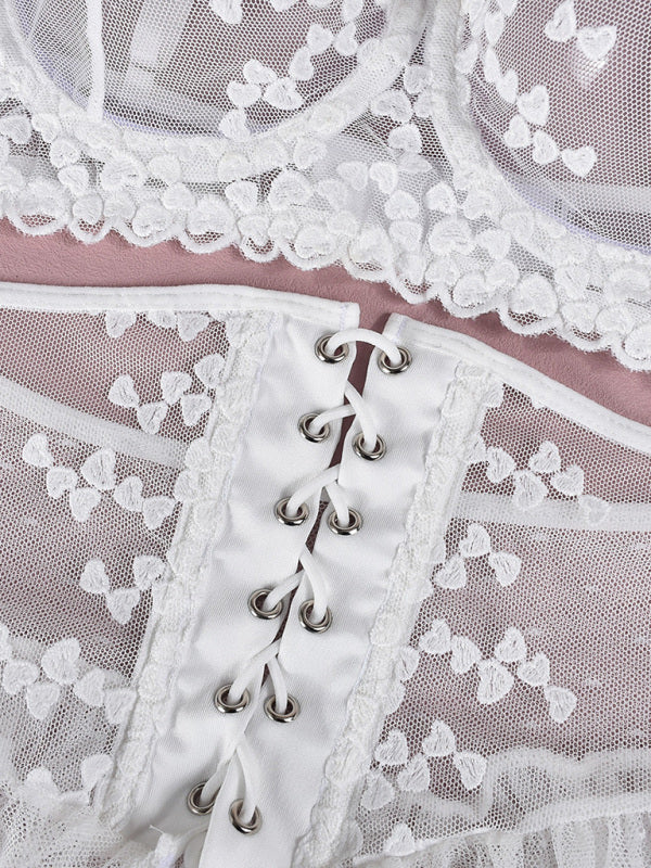 Embroidered Lace-Up Waist-Slimming Multi-Layered Mesh Skirt Underwear Set-[Adult]-[Female]-2022 Online Blue Zone Planet