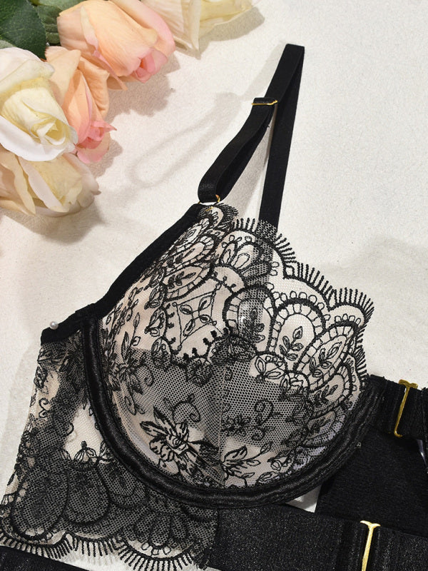 Sexy Embroidered Metal Button Sexy Transparent Lingerie Set-[Adult]-[Female]-2022 Online Blue Zone Planet