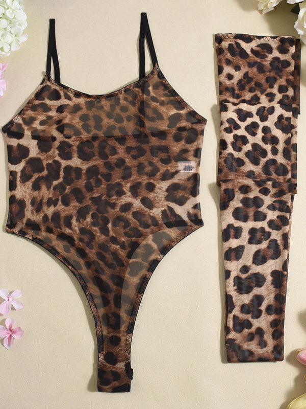 New Sexy Temptation Mesh Suspender Dress Set (Including Leg Socks)-TOPS / DRESSES-[Adult]-[Female]-Leopard-S-2022 Online Blue Zone Planet